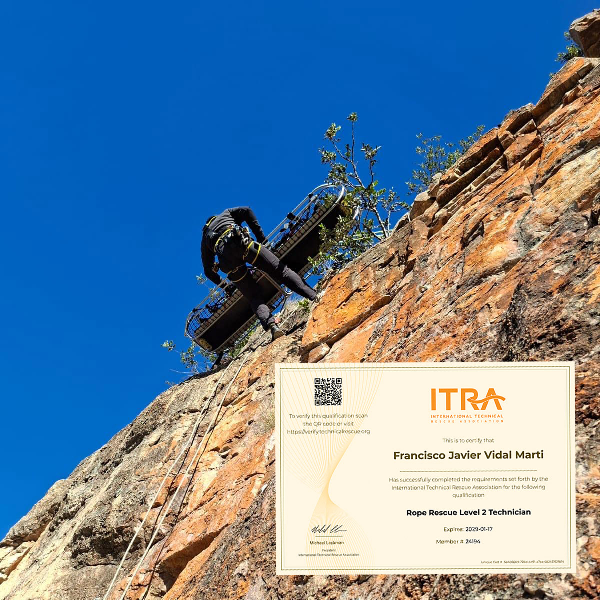 Javier Vidal, certificado ITRA Rope Rescue Level 2 Technician